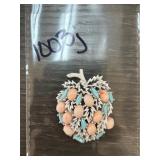 Silver-Tone Brooch with Coral and Turquoise Accent