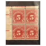 Block of U.S. 5 Cents Carmine Stamps