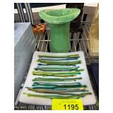 Green Ceramic Vase with Decorative Square Plate