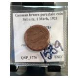 German Brown Porcelain Coin, 1 Mark, 1921