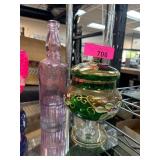 Green Glass Covered Bowl and Purple Bottle