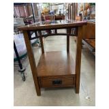 Oak End Table With Glass Top and Drawer