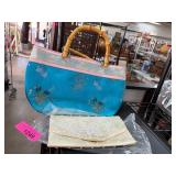 Embroidered Handbag with Bamboo Handles and Beaded