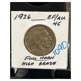 1926 Buffalo Nickel EF/AU 45 Full Horn