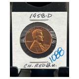 1958-D Lincoln Wheat Cent in CH. RED BU Condition