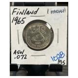 1965 Finland 1 Markka Coin in Holder