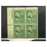 Plate Block of 1938 1 Cent Washington Stamps