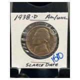 1938-D Jefferson Nickel in AU/UNC Condition