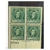 Plate Block of 1Â¢ 1940 U.S. Stephen Foster Stamps