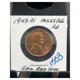 1942-D Lincoln Cent MS65/66 RD Gem Red Uncirculate