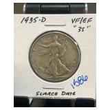 1935-D Walking Liberty Half Dollar, VF/EF