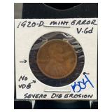 1920-D Lincoln Wheat Penny with Mint Error