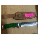 Knife with Green Handle and Leather Sheath