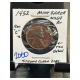 1952 Lincoln Wheat Cent Mint Error MS64