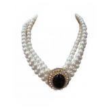 Triple Strand Faux Pearl Necklace With Brooch