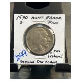1930-S Buffalo Nickel with Mint Error