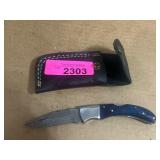 Folding Knife with Blue Handle and Leather Sheath