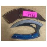 Curved Blade Knife with Blue Handle and Sheath