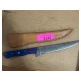 Damascus Steel Knife with Blue Handle and Leather