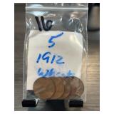 Five 1912 Lincoln Wheat Cents