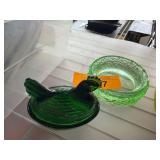 Green Glass Hen Dish and Matching Bowl Set