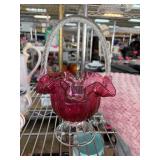 Cranberry Glass Basket with Textured Handle
