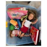 Dolls, Toys, and Books in Storage Bin
