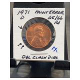 1971 D Lincoln Cent Mint Error Dbl Clash