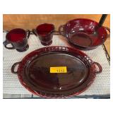 Ruby Red Glass Serving Set with Handles