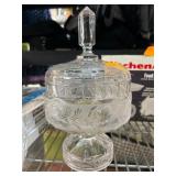Clear Lidded Glass Pedestal Dish with Floral Desig