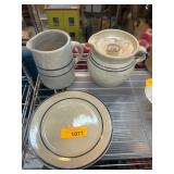 Stoneware Set With Blue Stripes and Marked Base