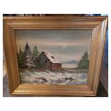 Framed Cabin Winter Scene Oil Painting
