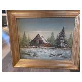Framed Winter Cabin Oil Painting