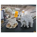 Ceramic Girl Figurine and Elephant Sculpture