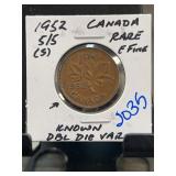 1952-S/S Canada 1 Cent Double Die Variety