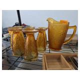 Tiara Amber Floral Pattern Glass Pitcher Set