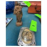 Religious Metal Figure and French Saint Badge