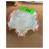 Opalescent White Glass Bowl with Pink Ruffled