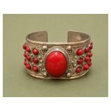 Silver Cuff Bracelet with Coral Stones
