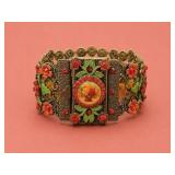 Enamel and Metal Floral Bracelet With Cameo