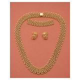 Gold Tone Necklace, Bracelet, and Earrings