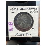 1943 Lincoln Cent Mint Error with Filled Die
