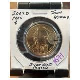 2007 D John Adams $1 Coin, 24kt Gold Plated