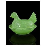 Green Glass Hen on Nest Covered Dish