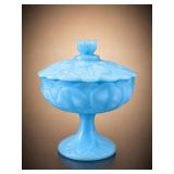 Fenton Glass Water Lily Blue Covered Compote