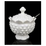 Fenton White Milk Glass Hobnail Jam Jar Sugar Bowl