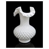 Fenton White Milk Glass Hobnail Ruffled Vase