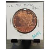 1 oz .999 Copper 1921 Peace Dollar Round