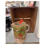 Hand-Painted Strawberry Pitcher and Wooden Crate