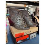 Fossil Cindy HH Charcoal Lace Wedge Sandals, 7